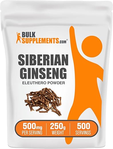 Eleuthero em Pó BulkSupplements.com – Ginseng Siberiano em Pó, Eleutherococcus senticosus, Suplemento Herbal, Sem Glúten, 500mg por Porção, 250g (Pack de 1)