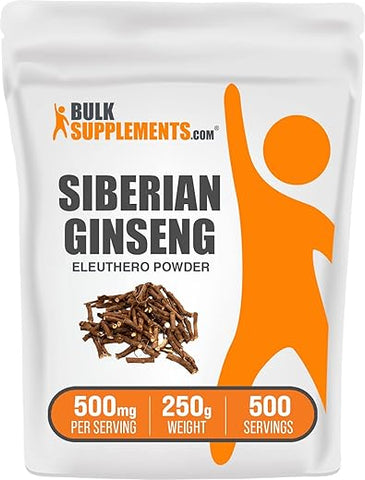 Eleuthero em Pó BulkSupplements.com – Ginseng Siberiano em Pó, Eleutherococcus senticosus, Suplemento Herbal, Sem Glúten, 500mg por Porção, 250g (Pack de 1)