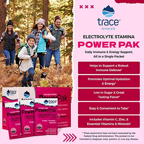 Power Pak Pacotes de Pó Eletrolítico | 1200 mg Vitamina C, Zinco, Magnésio | Reforça a Imunidade, Hidratação e Energia Natural | Cranberry | 30 Pacotes - Trace Minerals