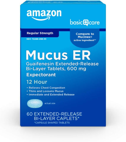 Guaifenesin 600 mg – 60 Comprimidos de Liberação Prolongada para Expectorante de 12 Horas - Amazon Basic Care
