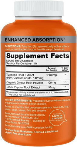 Qunols Cúrcuma Curcumina, 1500mg com Alta Absorção, Suporte para Articulações, Cápsulas de Cúrcuma Extra Forte, 220 Unidades