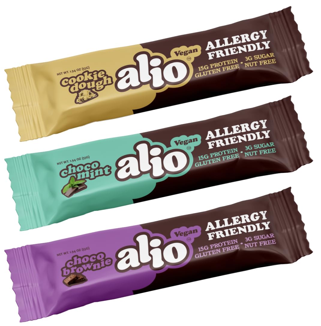 Combo Box 3 Sabores – Barra Proteica Livre dos 9 Principais Alérgenos | Alta Proteína | Sem Nozes | Baixa Caloria | Vegana | Sem Glúten | Não-OGM | Kosher | Baseada em Plantas | Sabor Incrível! 12 Unidades - Alio