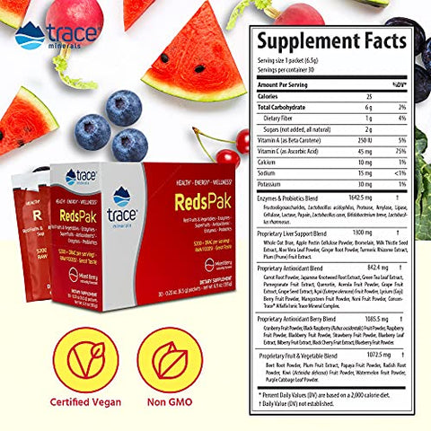 Reds Pak | Pó de Bebida de Super Alimentos | Polifenóis, Antioxidantes, Frutas, Vegetais, Probióticos | Suporte para o Intestino e Energia | Sabor de Frutas Vermelhas | Marca Trace Minerals - Trace Minerals