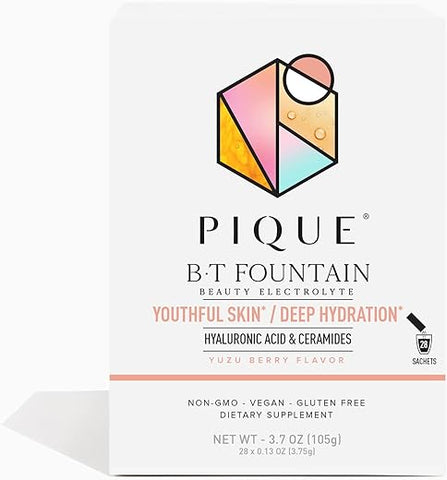 Pó Eletrolítico PIQUE BT Fountain Beauty – Hidratação com Ácido Hialurônico, Ceramidas e Magnésio para Pele Hidratada e Elástica – Sem Açúcar Adicionado – 28 Sachês Individuais