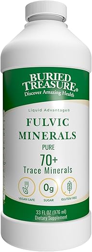 FULVIC MINERALS Pure 70 Trace Minerals 33 oz (975 ml) – Benefícios Líquidos para a Saúde - Buried Treasure