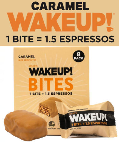 Jesse's WakeUP! - WAKE UP! Bites de Proteína Caramelada Cafeinada – Sem Glúten, Vegetariano, 175mg de Cafeína (1 Bite = 1,5 Espressos) – Aumenta o Foco e a Clareza – Ingredientes Kosher – 8 Pacotes