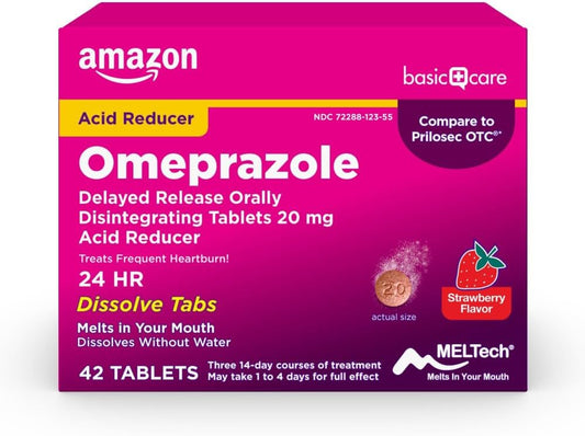 Omeprazol Comprimidos Orodispersíveis de Liberação Retardada, Sabor Morango, 42 Unidades - Amazon Basic Care