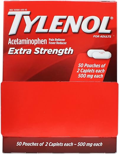 Extra Força Acetaminofeno Embalado Individualmente, 50 Doses de Dois Comprimidos, 500mg - Tylenol