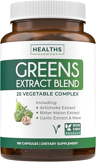 Healths Harmony - Super Greens Antioxidantes Superfoods 2250mg – 20 Ingredientes com Brotos, Cogumelos, Raízes, Alho, Melão Amargo, Alcachofra, Semente de Aipo, Pimenta Caiena, Alfafa NON