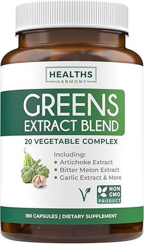 Healths Harmony - Super Greens Antioxidantes Superfoods 2250mg – 20 Ingredientes com Brotos, Cogumelos, Raízes, Alho, Melão Amargo, Alcachofra, Semente de Aipo, Pimenta Caiena, Alfafa NON