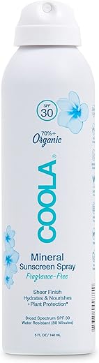 COOLA Protetor Solar Mineral Orgânico FPS 30 Spray, Cuidados com a Pele Testados por Dermatologistas para Proteção Diária, Vegano e Livre de Glúten, Sem Fragrância, 150 ml
