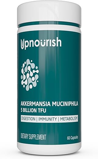 UpNourish - Akkermansia Muciniphila Probióticos para Saúde Digestiva – 5 Bilhões de UFC Probiótico Akkermansia para Reparo do Intestino Permeável e Imunidade, Prebióticos e Probióticos para Mulheres e Homens, 60