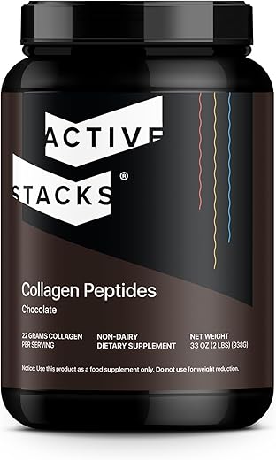 Active Stacks - Pó de Proteína de Colágeno Peptídeos, Chocolate – Suporta Cabelos, Pele, Ossos e Articulações Saudáveis para Homens e Mulheres – Tipo 1 Fácil de Misturar