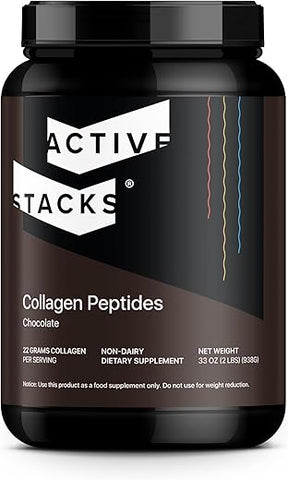 Active Stacks - Pó de Proteína de Colágeno Peptídeos, Chocolate – Suporta Cabelos, Pele, Ossos e Articulações Saudáveis para Homens e Mulheres – Tipo 1 Fácil de Misturar