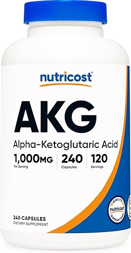 AKG Ácido Alfa Cetoglutárico 1.000 mg – 240 Cápsulas, 120 Porções – Poderoso Precursor de Glutamina - Nutricost