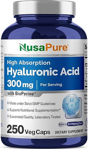 Ácido Hialurônico 300mg 250 Cápsulas Vegetais (Sem OGM, Sem Glúten) - NusaPure