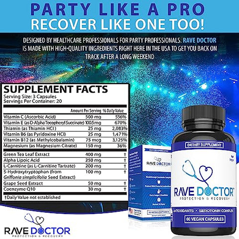 Suplemento Rave Doctor 5 HTP – Vitaminas Essenciais para Rave, Acessórios Rave, Essenciais para Festivais, Equipamentos para Festivais, Rave Essentials, Suplemento 5htp