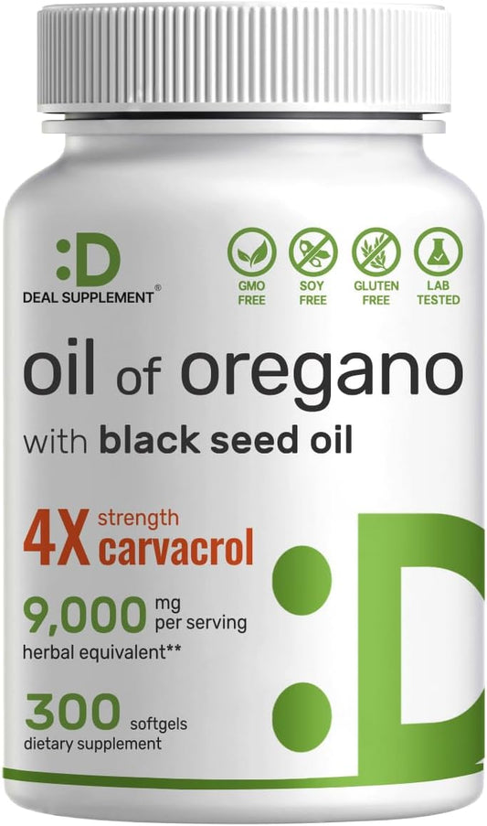 DEAL SUPPLEMENT - Óleo de Orégano em Cápsulas com Óleo de Semente Negra – 9.000mg por Porção, 300 Cápsulas – Extrato 30:1, Carvacrol Ativo
