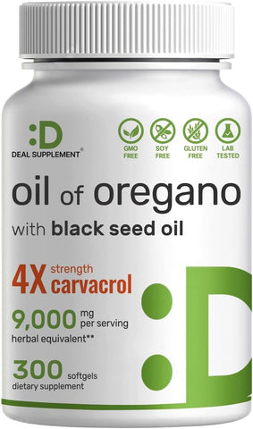 DEAL SUPPLEMENT - Óleo de Orégano em Cápsulas com Óleo de Semente Negra – 9.000mg por Porção, 300 Cápsulas – Extrato 30:1, Carvacrol Ativo