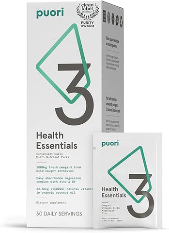 P3 Health Essentials – Multivitaminas para Homens e Mulheres – 30 Porções – Ômega 3, Vitamina D, Magnésio, Zinco – Multi-Nutriente para Cérebro e Energia - Puori