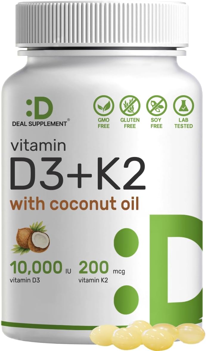 DEAL SUPPLEMENT - Vitamina D Sunshine – D3 10000 UI com K2 MK7 200mcg, Infundida com Óleo de Coco Virgem, Suporte para Ossos, Dentes e Sistema Imunológico – Fácil de Engolir