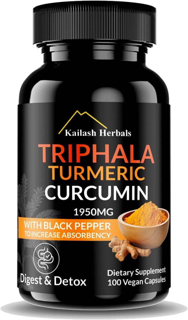 Kailash Herbals - Triphala Cúrcuma Curcumina 1950MG com Pimenta Preta, 100 Cápsulas Veganas, Digestão