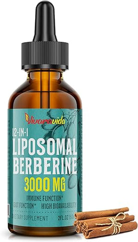 Vivaravida - Berberine HCl Drops 3000 mg – Líquido Liposomal de Berberina HCl – Ativador AMPK com Cúrcuma, Canela do Ceilão, 12 Ingredientes Naturais – 60 ml
