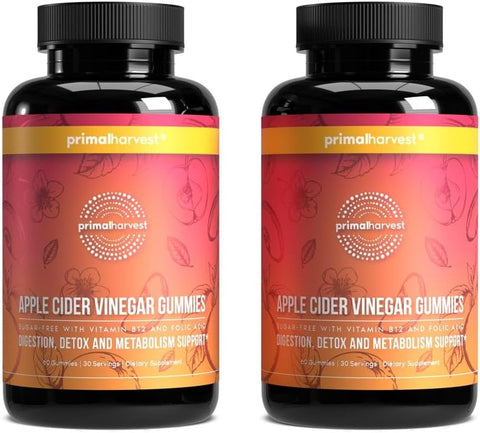 2 Pack, Gomas de Vinagre de Maçã Sem Açúcar, Beterraba e Romã para Apoiar a Imunidade, Digestão e Desintoxicação 750 MG (120 Unidades) - Primal Harvest