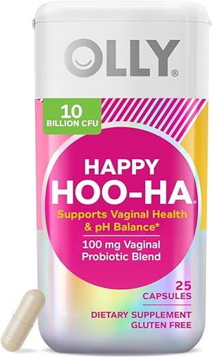 Happy Hoo-Ha Cápsulas, Probiótico para Mulheres, Saúde Vaginal e Equilíbrio do pH, 10 Bilhões de UFC, Sem Glúten – 25 Unidades (Embalagem Pode Variar) - OLLY