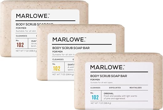 MARLOWE. - Sabonete Esfoliante Corporal para Homens No. 102 200g (Trio de Variedades) | Melhor Barra Esfoliante para Homens | Feito com Ingredientes Naturais | Extrato de Chá Verde | 3 Aromas Incríveis