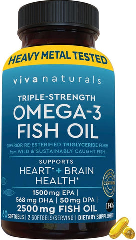 Ômega 3 Triplo Forte – 2500 mg de Óleo de Peixe com Ácidos Graxos Ômega 3 Re-Esterificados, incluindo EPA, DHA e DPA – 60 Cápsulas Softgel Amigáveis aos Pescetarianos - Viva Naturals