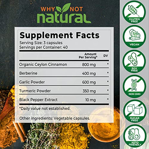 Why Not Natural - Cápsulas Orgânicas de Canela do Ceilão 5 em 1 com Berberina, Alho, Cúrcuma, Extrato de Pimenta Preta (120 Cápsulas)