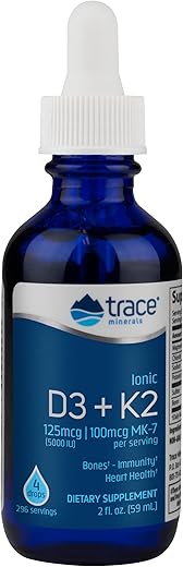 Vitamina D3 K2 Líquida Iônica | 125 mcg (5.000 UI) D3, 100 mcg K2 | Suplemento Alimentar Concentrado | 59 ml. 296 Porções - Trace Minerals