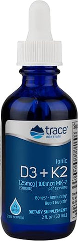 Vitamina D3 K2 Líquida Iônica | 125 mcg (5.000 UI) D3, 100 mcg K2 | Suplemento Alimentar Concentrado | 59 ml. 296 Porções - Trace Minerals