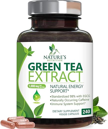 Nature's Nutrition - Extrato de Chá Verde em Cápsulas 1000mg 98%% Padronizado em EGCG – 3X Mais Potente para Energia Natural – Suporte Cardíaco com Polifenóis – Cafeína Suave – 240 Cápsulas