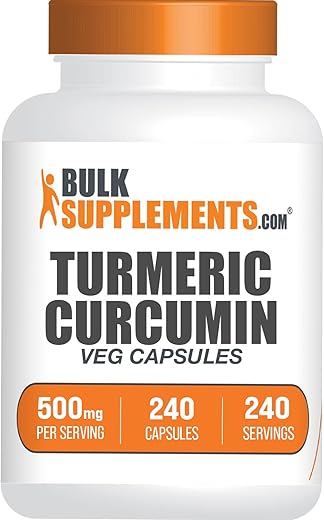 com Cápsulas de Extrato de Cúrcuma 500mg – Suplementos de Curcumina, Cápsulas de Cúrcuma Curcumina – Sem Glúten, 1 Cápsula por Porção, 240 Cápsulas Vegetais (Embalagem de 1) - BulkSupplements