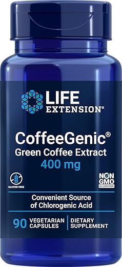 CoffeeGenic Extrato de Café Verde – 50% Ácidos Clorogênicos – Sem Glúten, Não-OGM – 90 Cápsulas Vegetarianas - Life Extension
