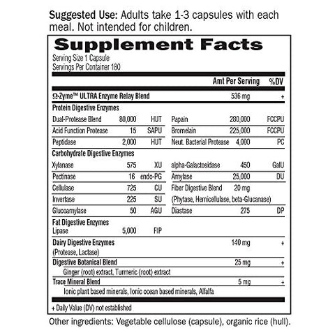 Suplemento Digestivo Vegetariano Omega Zyme Ultra Enzima Blend para Digestão, Inchaço, Gases e SII, 180 Cápsulas - Garden of Life