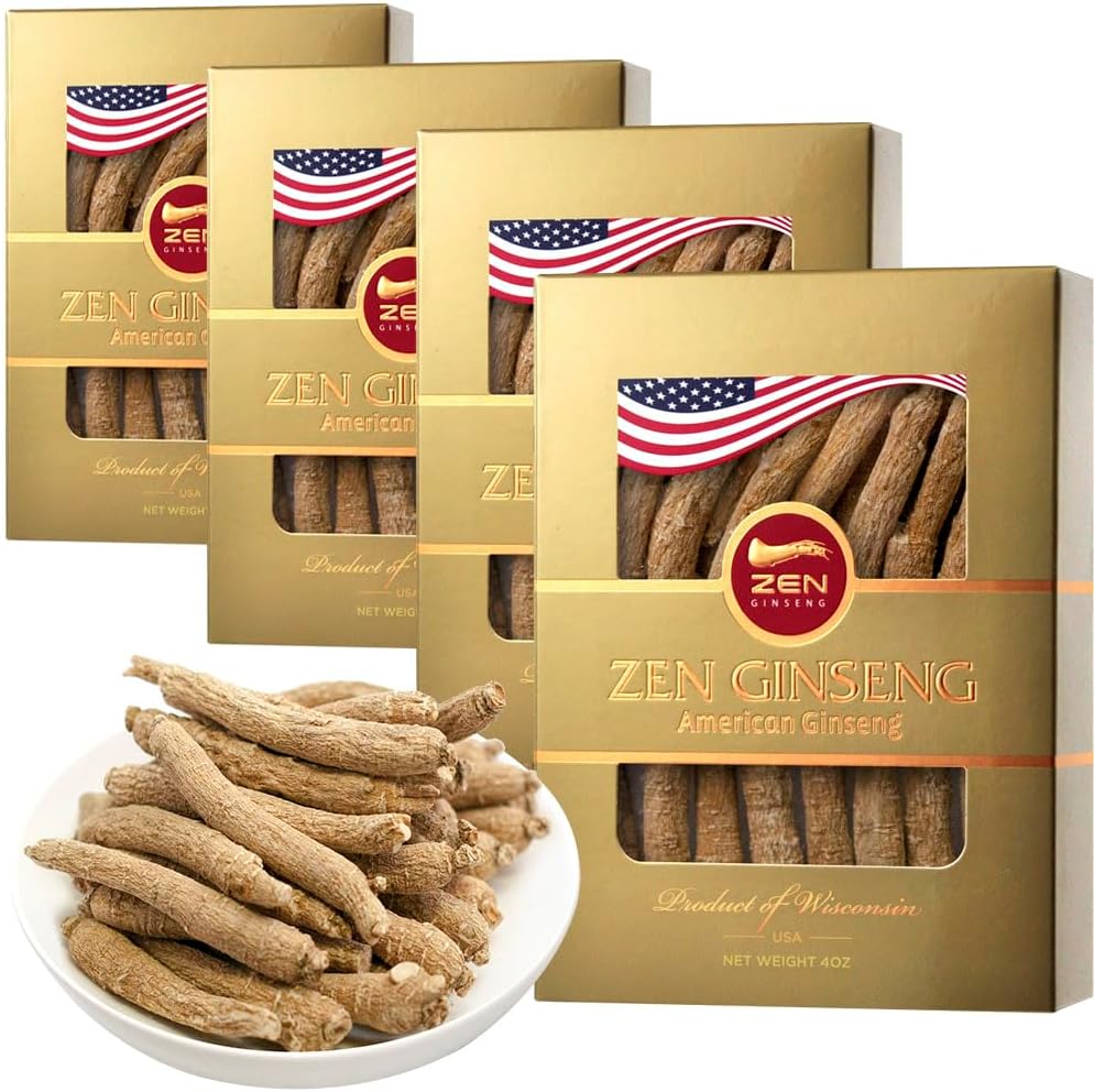 Zen Ginseng - 4 Caixas de Ginseng Americano do Wisconsin – Raiz Longa Pequena – Qualidade Premium de Ginseng Panax. Aumenta a Imunidade do Corpo, Energia para Homens