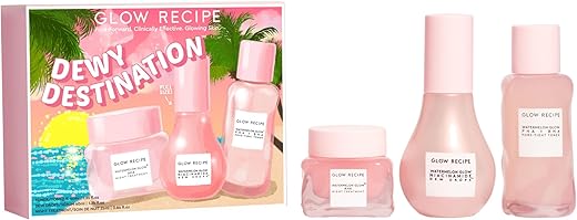 Conjunto de Cuidados com a Pele Glow Recipe Dewy Destination – Tônico Pore-Tight PHA BHA (40ml), Soro de Niacinamida Dew Drops (40ml) e Tratamento Noturno AHA (60ml) – Vegano