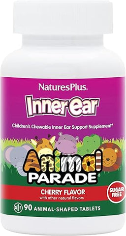 Animal Parade Suporte para Ouvido Interno Infantil – Mastigável de Cereja Natural – 90 Comprimidos em Formato de Animais – Probiótico – Sem Glúten – 45 Porções - Natures Plus