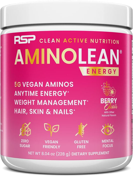AminoLean Pré-Treino Berry Alixir, Energia Limpa sem Nervosismo, Formigamento ou Queda, Amigo dos Veganos com Biotina para Cabelo, Pele, Unhas, 30 Porções - RSP NUTRITION