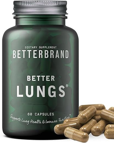 Suplemento diário para saúde respiratória Betterbrand BetterLungs | com Folha de Verbascum, Sabugueiro, Vitamina D, Ginseng e Cogumelo Reishi | Saúde Pulmonar, Alergia, Sinusite e Muco | 60 cápsulas de 500 mg