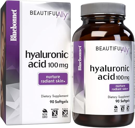 Nutrition Beautiful Ally Ácido Hialurônico 100mg, Nutre a Pele Radiante, Sem OGM, Sem Glúten, Sem Soja, 90 Softgels, 90 Porções - Bluebonnet