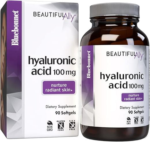 Nutrition Beautiful Ally Ácido Hialurônico 100mg, Nutre a Pele Radiante, Sem OGM, Sem Glúten, Sem Soja, 90 Softgels, 90 Porções - Bluebonnet