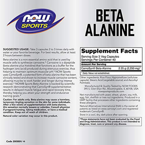 Sports Nutrition Beta-Alanine 750 mg – Retarda a Fadiga Muscular, Aumenta a Resistência – 120 Cápsulas Vegetais - NOW Foods