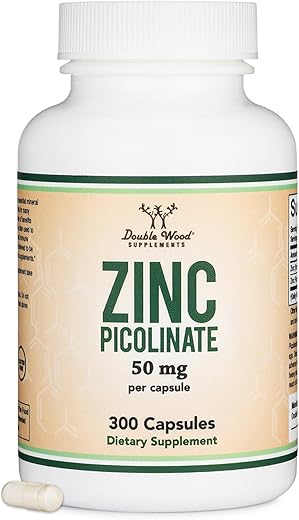 Double Wood Supplements - Zinc Picolinate 50mg, 300 Cápsulas (Suporte Imunológico) Sem GMO, Sem Glúten (Fornecimento de 300 Dias) por