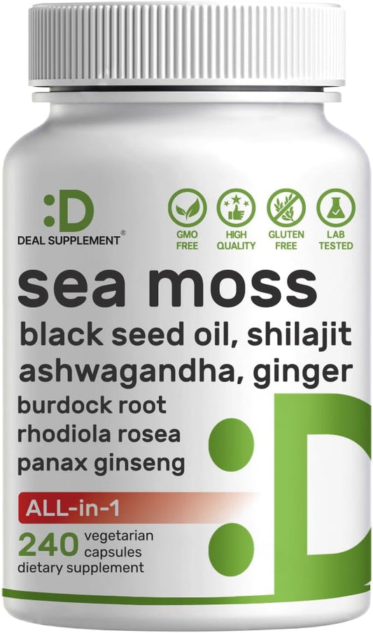 DEAL SUPPLEMENT - Irish Sea Moss 7000mg por Porção, 240 Cápsulas Vegetais – Complexo de 14 Superfoods – 3000mg de Óleo de Semente Preta, 2000mg de Ashwagandha, 600mg de Gengibre, 5000mg de Shilajit, 600mg de Bladderwarck