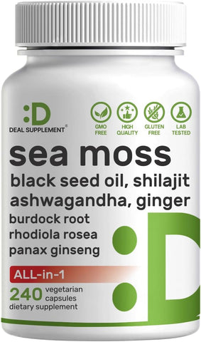 DEAL SUPPLEMENT - Irish Sea Moss 7000mg por Porção, 240 Cápsulas Vegetais – Complexo de 14 Superfoods – 3000mg de Óleo de Semente Preta, 2000mg de Ashwagandha, 600mg de Gengibre, 5000mg de Shilajit, 600mg de Bladderwarck