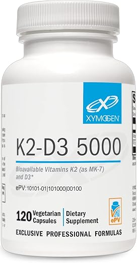 K2-D3 5000 – Vitamina D3 K2 – Vitamina D 5000 UI (Colecalciferol) com Vitamina K2 MK-7 – Saúde do Coração, Arterial e Óssea – Suporte Imunológico (120 Cápsulas) - XYMOGEN